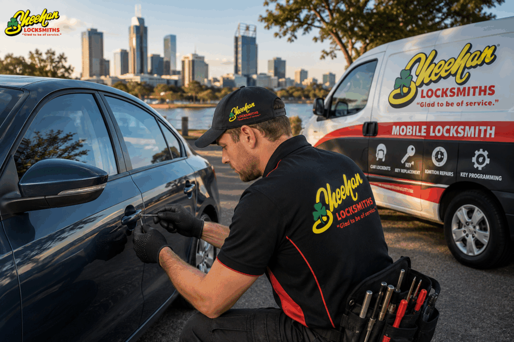 Mobile car locksmith Perth helping with a vehicle lockout using professional locksmith tools.