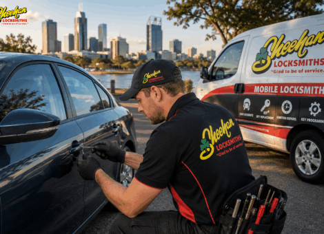 Mobile car locksmith Perth helping with a vehicle lockout using professional locksmith tools.