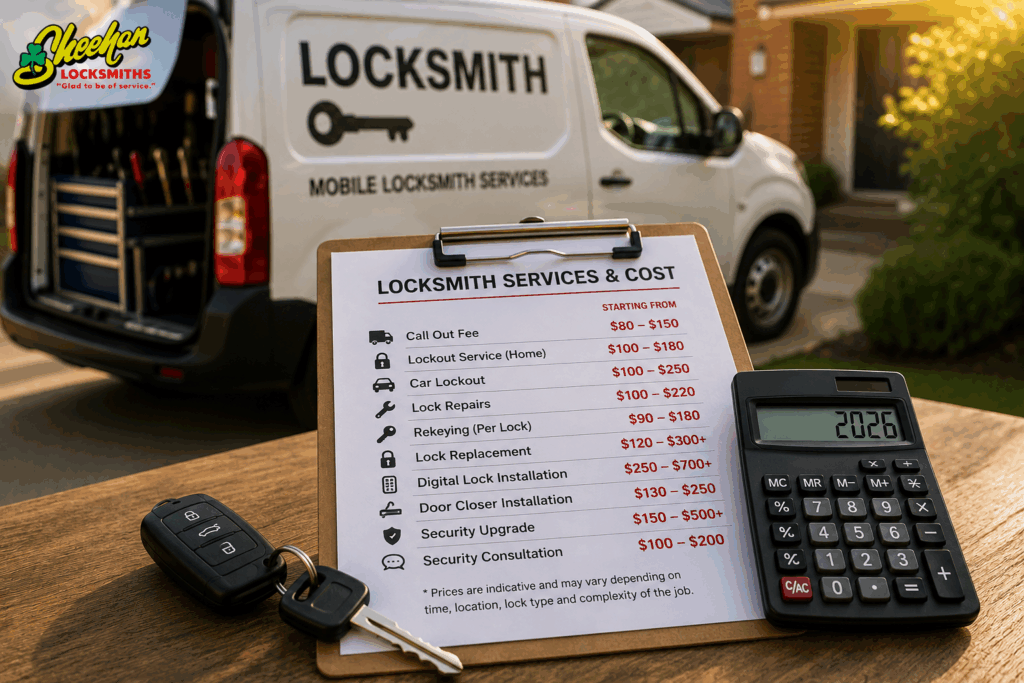 Perth mobile locksmith services and cost guide, including lockouts, lock repairs, lock installation and emergency locksmith costs by Sheehan Locksmiths Perth.