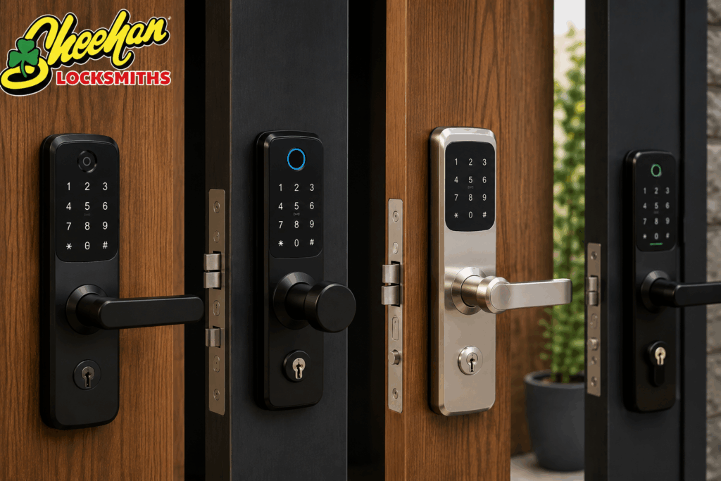 Photorealistic modern security door locks and smart locks displayed on wood and dark doors, featuring keypad entry systems and premium hardware, with the Sheehan Locksmiths logo in the upper-left corner.