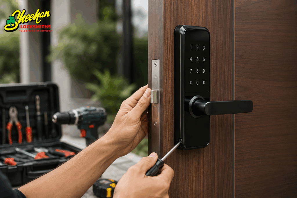 Digital door lock installation in Perth by Sheehan Locksmiths Perth, showing a modern keypad lock being fitted to a wooden door.
