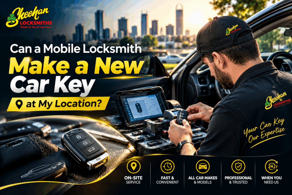 Mobile locksmith making a new car key at a customer’s location in Perth