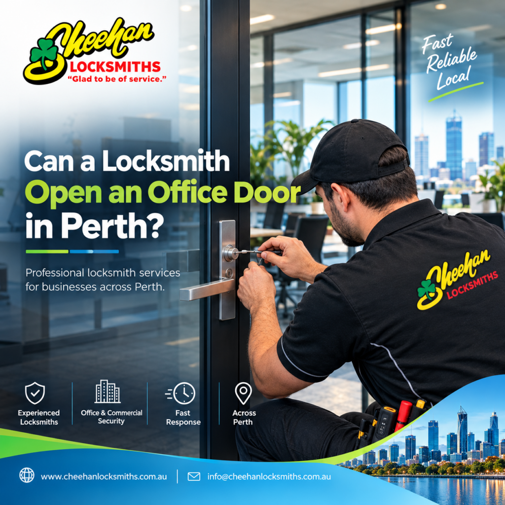 Locksmith opening a locked office door in Perth for a business lockout.