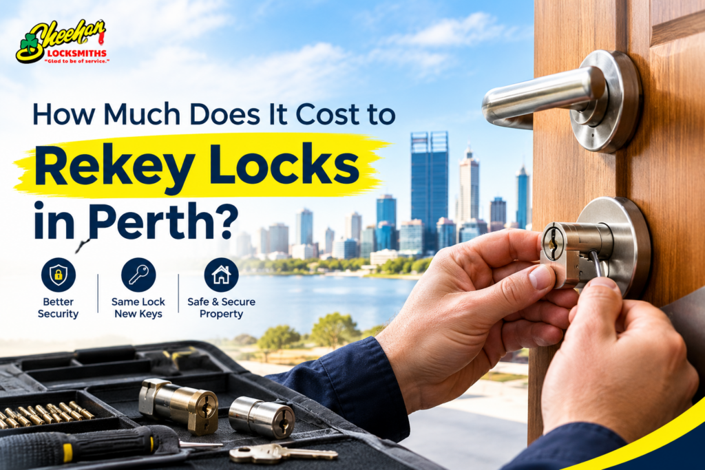 Lock rekeying cost in Perth with a locksmith changing a door lock cylinder