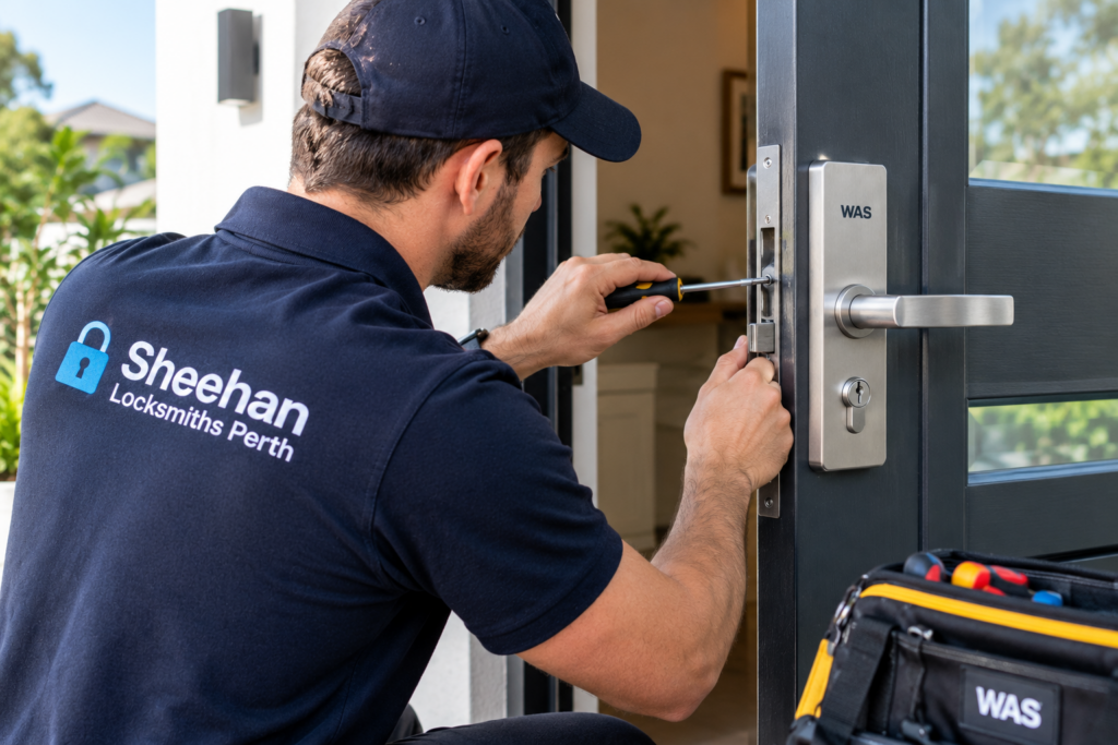 Locksmith installing a WAS door lock at a Perth property
