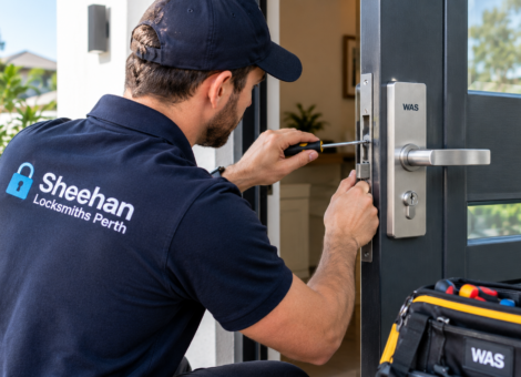 Locksmith installing a WAS door lock at a Perth property
